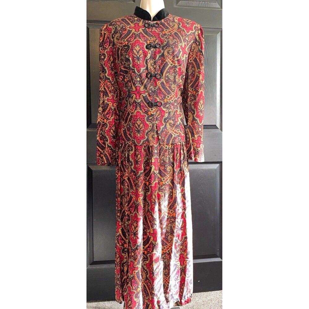 Karin Stevens Paisley Maxi Dress 16 Mandarin Frog Closure Boho Vintage 90s